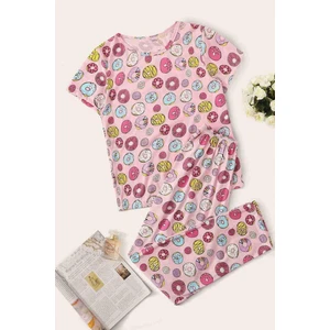 Kısa Kollu Alt Uzun Donut Baskılı Pijama Takımı Çok Renkli