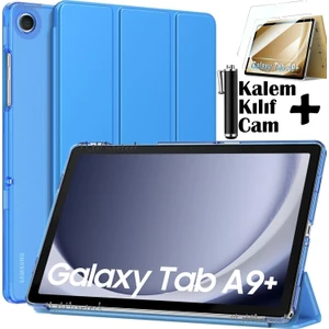 M.TK Moveteck Samsung Galaxy Tab A9 8.7 Inç Tablet Kılıfı Akıllı Smart Uyku Modlu Katlanabilir Arkası Şeffaf Standlı Kılıf + Cam + Kalem 3'lü Set SM-X110 X113 X115 X117