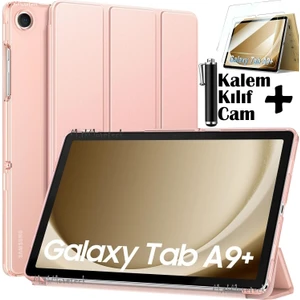 M.TK Moveteck Samsung Galaxy Tab A9 Plus 11 Inç SM-X210 Tablet Kılıfı Akıllı Smart Uyku Modlu Katlanabilir Arkası Şeffaf Standlı Kılıf + Ekran Koruyucu Cam + Kalem 3'lü Set SM-X213 X215 X217