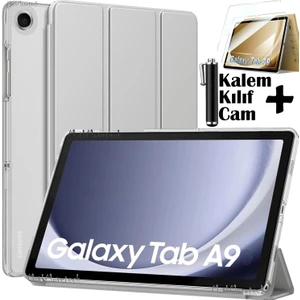 M.TK Moveteck Samsung Galaxy Tab A9 8.7 Inç Tablet Kılıfı Akıllı Smart Uyku Modlu Katlanabilir Arkası Şeffaf Standlı Kılıf + Cam + Kalem 3'lü Set SM-X110 X113 X115 X117