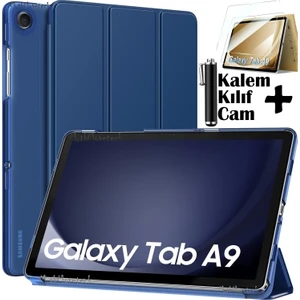 M.TK Moveteck Samsung Galaxy Tab A9 8.7 Inç Tablet Kılıfı Akıllı Smart Uyku Modlu Katlanabilir Arkası Şeffaf Standlı Kılıf + Cam + Kalem 3'lü Set SM-X110 X113 X115 X117
