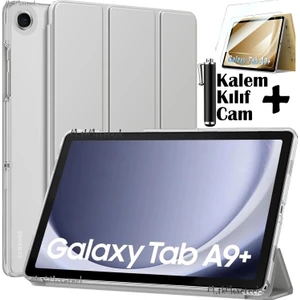 M.TK Moveteck Samsung Galaxy Tab A9 Plus 11 Inç SM-X210 Tablet Kılıfı Akıllı Smart Uyku Modlu Katlanabilir Arkası Şeffaf Standlı Kılıf + Ekran Koruyucu Cam + Kalem 3'lü Set SM-X213 X215 X217