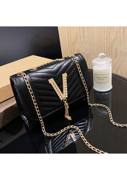 2024 Yeni Moda Çizgili Nakış Zincir Çanta Elmas Donanım Püskül Tasarım Omuz Crossbody Çanta (Yurt Dışından)
