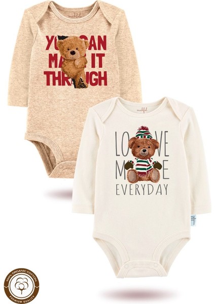 2 Li Organik "love Me Everyday" Baskılı Uzun Kollu Bebek Body Zıbın UZUN-EKRU-BEJ15-16