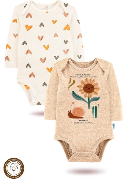 2 Li Organik " Sunflower" Baskılı Uzun Kollu Bebek Body Zıbın UZUNBEJ-KALP-748