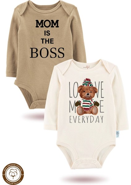 2 Li Organik "annem Patron" Baskılı Uzun Kollu Bebek Body Zıbın UZUN-EKRU-KAHVE-15-720