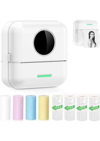Mini Termal Yazıcı, 8 Rulo Sürekli Kağıtlı Taşınabilir Mürekkepsiz Etiket Oluşturucu Yazıcı, Cep Fotoğraf Yazıcısı, Beyaz (Yurt Dışından)