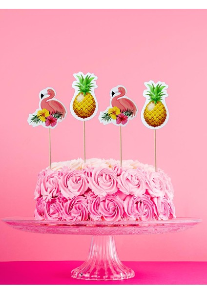 Hawaii Temalı Kürdan Flamingo Ananas Figürlü Cupcake Kürdanı Pasta Süsü 10'lu