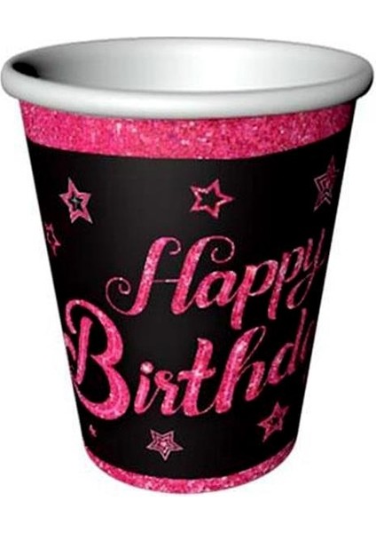 Pink Stars Happy Birthday Yazılı Karton Bardak Doğum Günü Parti Bardağı 8 Adet