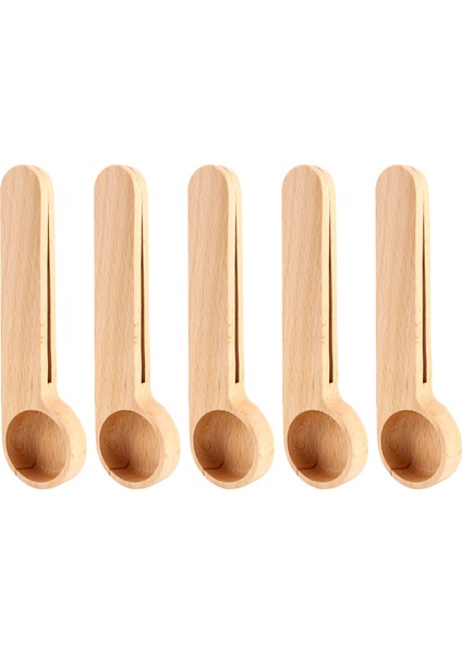5 Adet Ahşap Kahve Kaşığı ve Çanta Klipsi Ölçü Kaşığı 2-In-1 Torba Mühürleyen Ölçüm Kaşığı Fasulye, Espresso Kahve, Çay (Yurt Dışından)