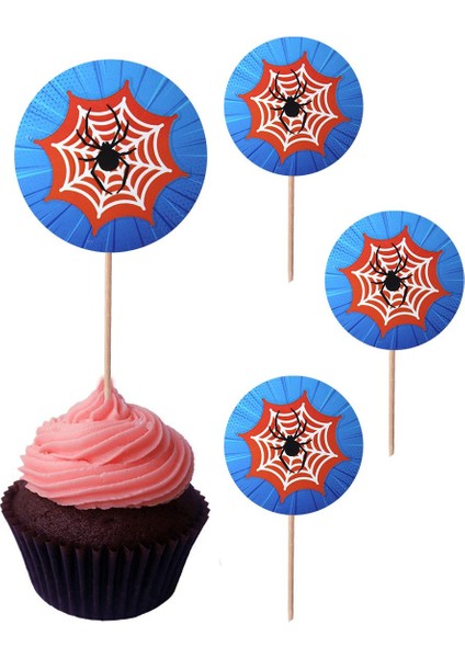 Spiderman Temalı Kürdan Örümcek Ağı Figürlü Cupcake Kürdanı Pasta Süsü 10'lu