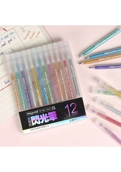 12COLORSSET Metalik Glitter Kalem Çizim Renkli Metal Pastel Fosforlu Sanat Marker Okul Ofis Yazma Kırtasiye (Yurt Dışından)