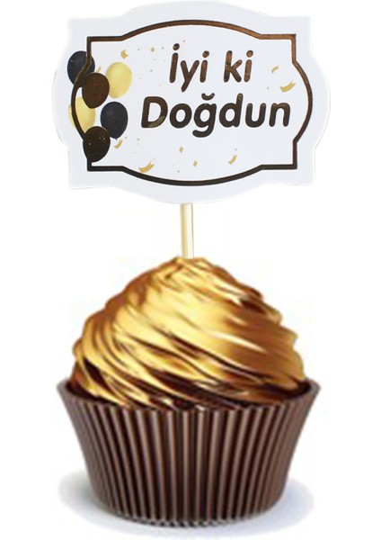 Iyi Ki Doğdun Kürdan Cupcake Kürdanı Pasta Süsü Beyaz Gold 10'lu