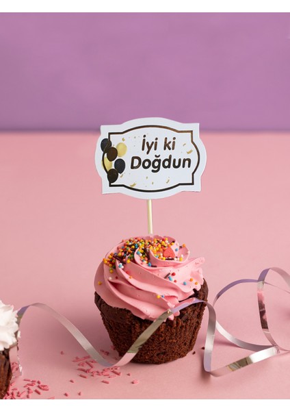 Iyi Ki Doğdun Kürdan Cupcake Kürdanı Pasta Süsü Beyaz Gold 10'lu
