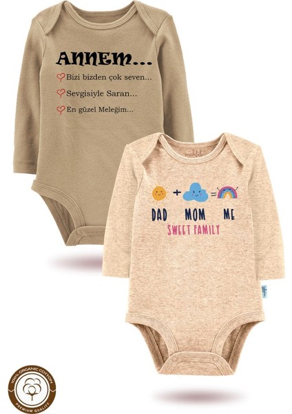 2 Li Organik "babam+Annem=ben" Baskılı Uzun Kollu Bebek Body Zıbın UZUNBEJ-KAHVE199-820