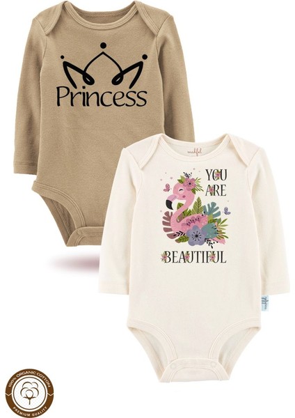 2 Li Organik "prenses" Baskılı Uzun Kollu Bebek Body Zıbın UZUN-EKRU-KAHVE-272-756