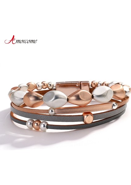 Siyah Tabanca Kaplama Amorcome Avrupa Tarzı Metal Geometrik Boncuk Bileklik Manyetik Toka ile Ince Deri Wrap Bilezik Kadın Takı Hediye (Yurt Dışından) fiyatları