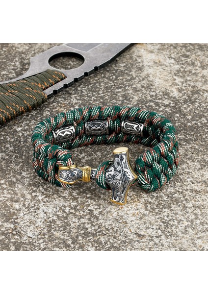 23CM Tarzı Çelik Yeşil Viking Runes Thor Çekiç Paslanmaz Çelik Bilezik Erkekler Açık Kamp Hayatta Kalma Halat Bilezik Iskandinav Iskandinav Muska Takı (Yurt Dışından)