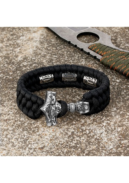 23CM Tarzı Çelik Yeşil Viking Runes Thor Çekiç Paslanmaz Çelik Bilezik Erkekler Açık Kamp Hayatta Kalma Halat Bilezik Iskandinav Iskandinav Muska Takı (Yurt Dışından)
