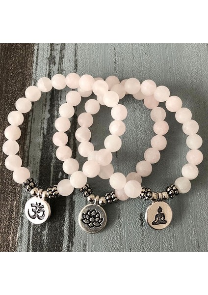18CM Tarzı Gümüş Buda Kadınlar Mala Om Bilezikler Lotus Buda Yoga Charm Bilek Mat Gül Kuvars Pembe Boncuklu Bilek Boho Yoga Pembe Takı (Yurt Dışından) fiyatları
