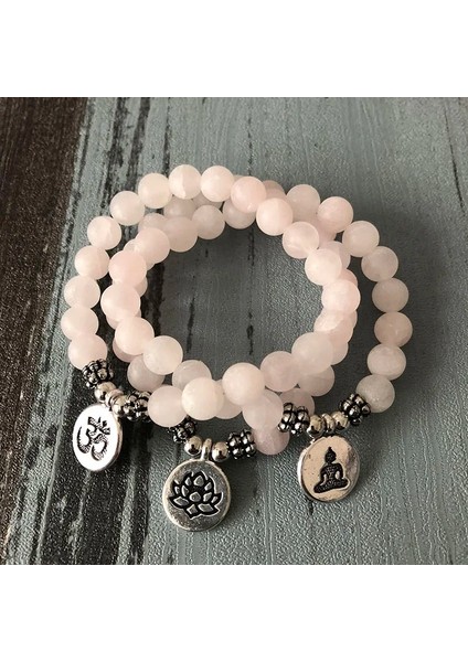 18CM Tarzı Gümüş Buda Kadınlar Mala Om Bilezikler Lotus Buda Yoga Charm Bilek Mat Gül Kuvars Pembe Boncuklu Bilek Boho Yoga Pembe Takı (Yurt Dışından) modelleri