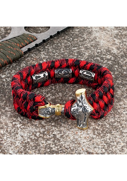21CM Tarzı Altın Kırmızı Vikings Mjolnir Çekiç Survival Bilezikler Erkekler Paslanmaz Çelik Iskandinav Rune Boncuklu Paracord Halat Bileklik El Yapımı Muska Takı (Yurt Dışından)