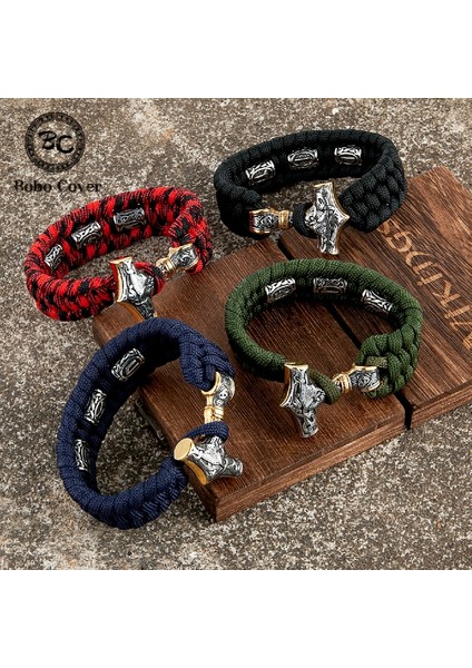 21CM Tarzı Altın Kırmızı Vikings Mjolnir Çekiç Survival Bilezikler Erkekler Paslanmaz Çelik Iskandinav Rune Boncuklu Paracord Halat Bileklik El Yapımı Muska Takı (Yurt Dışından)