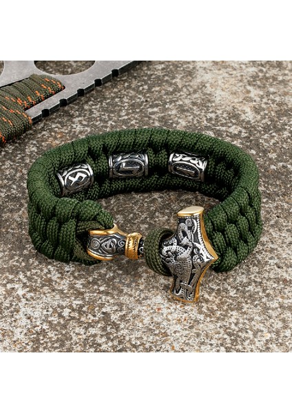 21CM Tarzı Altın Kırmızı Vikings Mjolnir Çekiç Survival Bilezikler Erkekler Paslanmaz Çelik Iskandinav Rune Boncuklu Paracord Halat Bileklik El Yapımı Muska Takı (Yurt Dışından)