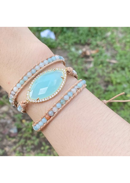 Ayarlanabilir Stil Stone Moda Boncuklu Boho Bilezik Takı El Yapımı Doğal Taşlar Charm Kristal Kübik Zirkon 3 Strands Wrap Bilezikler (Yurt Dışından)