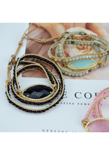 Ayarlanabilir Stil Stone Moda Boncuklu Boho Bilezik Takı El Yapımı Doğal Taşlar Charm Kristal Kübik Zirkon 3 Strands Wrap Bilezikler (Yurt Dışından)