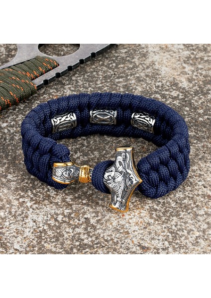 19CM Tarzı Altın Mavi Vikings Mjolnir Çekiç Survival Bilezikler Erkekler Paslanmaz Çelik Iskandinav Rune Boncuklu Paracord Halat Bileklik El Yapımı Muska Takı (Yurt Dışından)