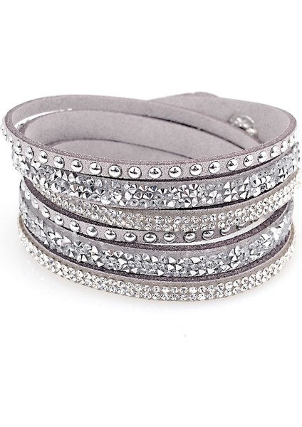 Gri Miasol Çift Sargı Kadife Deri 3 Sıralı Tam Açacağı Kristal ve Gümüş Perçinli Bileklik Kristal Kız Bilezikler Bracciale (Yurt Dışından)