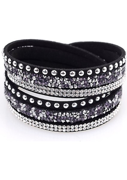 Gri Miasol Çift Sargı Kadife Deri 3 Sıralı Tam Açacağı Kristal ve Gümüş Perçinli Bileklik Kristal Kız Bilezikler Bracciale (Yurt Dışından)