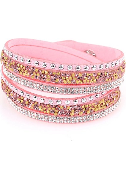 Gri Miasol Çift Sargı Kadife Deri 3 Sıralı Tam Açacağı Kristal ve Gümüş Perçinli Bileklik Kristal Kız Bilezikler Bracciale (Yurt Dışından)