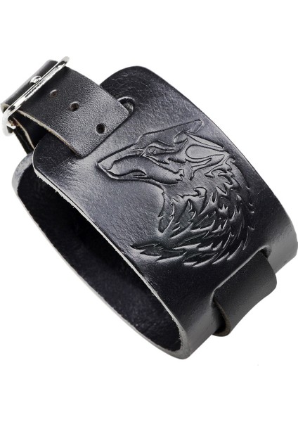 Siyah Deri Gerçek Deri Viking Kurt Bilezik Erkekler Baskı Geniş Bilezikler Bilezik Punk Rock Tarzı Takı Vintage Erkek Siyah Kahverengi (Yurt Dışından)