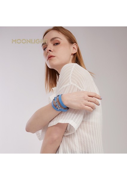 17CM Tarzı Blue2 Gümüş Düğme Moonlıght Deri Bilezikler Kadınlar Için Yeni Moda Üç Daire Çok Katmanlı Wrap Bilezik Kadın Bileklik Takı Hediye (Yurt Dışından)