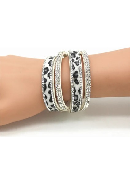 Beyaz Sıcak Moda Rhinestone Deri Wrap Bilezik Kristal Çok Katmanlı Leopar Tahıl Bilezikler Kadınlar Için Bilezikler (Yurt Dışından)