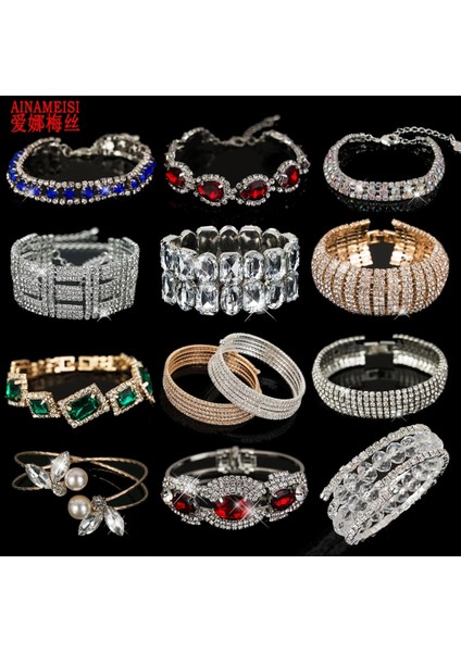 4 Altın Aınameısı Moda Kadınlar Kristal Düğün Bilezik ve Bilezikler Tam Parlak Rhinestone Gelin Aşk Charm Link Zinciri Bilezik Takı (Yurt Dışından)