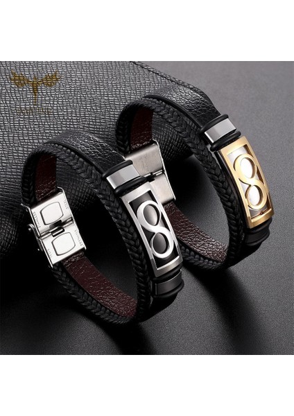 18.5cm Tarzı Açık Sarı Renk Infinity Deri Bileklik Altın Gümüş Renk Paslanmaz Çelik Manşet Bileklik Infinity Aşk Çiftler Bileklik Infinity Takı (Yurt Dışından) fırsatları