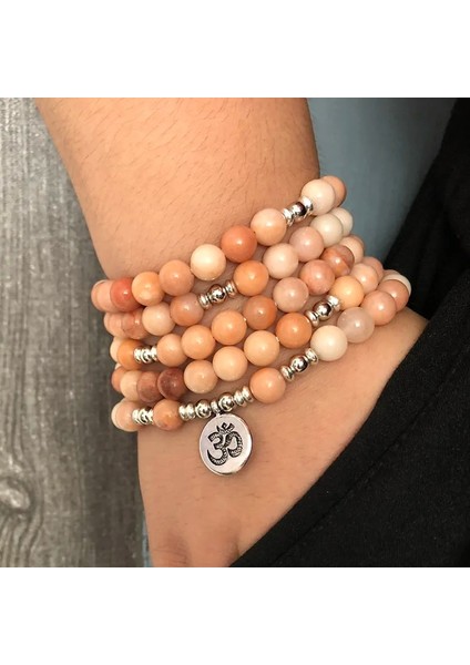 Qiuhong Shop Gümüş Yoga 5 Sarar Bilezik Unisex Trendy El Yapımı 108 Mala Yoga Bilezik Veya Kolye Om Charm Koyu Pembe Aventurin Bilezik Lotus (Yurt Dışından)