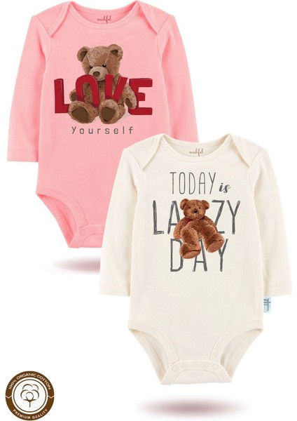 2 Li Organik "ayıcık" Baskılı Uzun Kollu Bebek Body Zıbın Uzun-Somon-Ekru-1-30