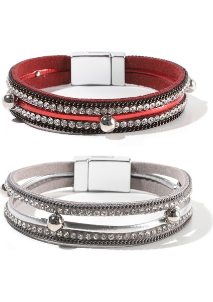 SF411 Wybu 4 Stilleri Bling Deri Wrap Bilezik Boho Manşet Bilezikler Kristal Boncuk Bilezik Kadınlar Için Manyetik Toka ile (Yurt Dışından)