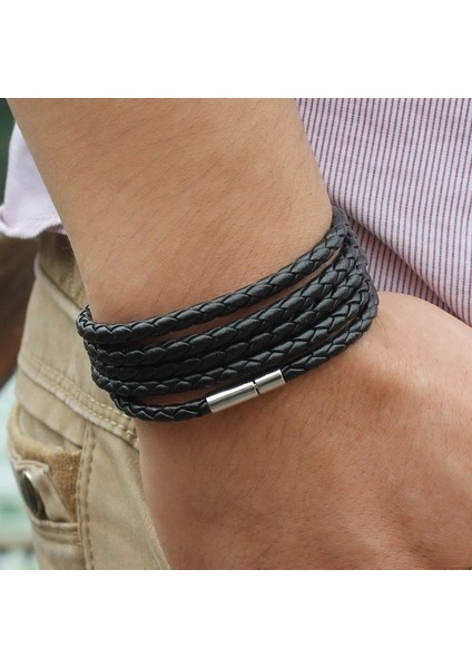SLPG41 Xqnı Siyah Retro Wrap Uzun Deri Bilezik Erkek Bilezik Moda Sproty Zincir Bağlantı Erkek Çekicilik Bilezik ile 5 Tur (Yurt Dışından)