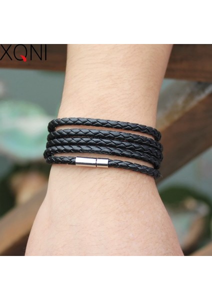 SLPG41 Xqnı Siyah Retro Wrap Uzun Deri Bilezik Erkek Bilezik Moda Sproty Zincir Bağlantı Erkek Çekicilik Bilezik ile 5 Tur (Yurt Dışından)