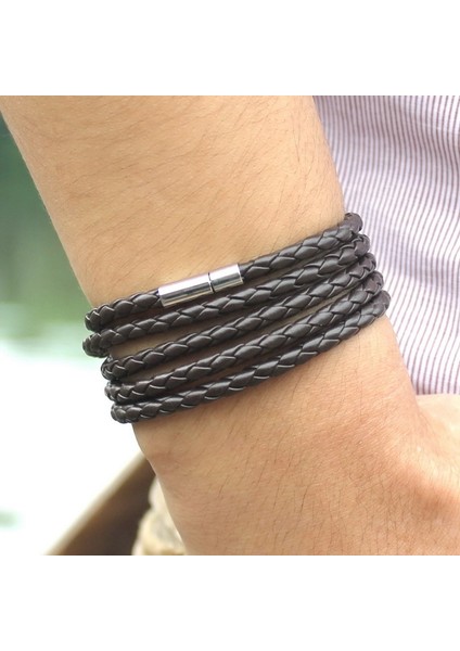 SLPG41 Xqnı Siyah Retro Wrap Uzun Deri Bilezik Erkek Bilezik Moda Sproty Zincir Bağlantı Erkek Çekicilik Bilezik ile 5 Tur (Yurt Dışından)