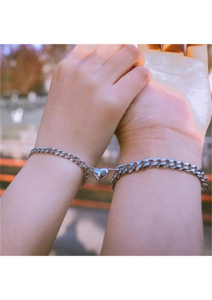 Qiuhong Shop 1 Takım Kalp Bilezikler Kadın Erkek Moda Çift Manşet Takı Vintage Gümüş Renk Zincirler Kalp Mıknatıs Bilezikler Kore Rendy Pulsera (Yurt Dışından)