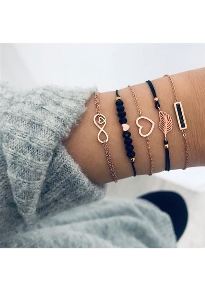 B00156 Kadın Bilezik Seti Boho Mücevher Kabuk Kaplumbağa Yaprağı Boncuk Zincir Deri Çok Katmanlı Bilezik Charm Lady Altın Takı Hediye (Yurt Dışından)