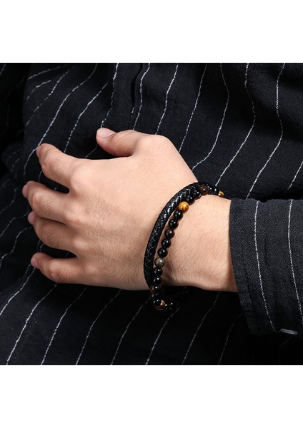 Kaplan Gözü Zg Moda Erkek Bilezik Takı Doğa Lava Taş Hakiki Deri Bilezik Paslanmaz Çelik Manyetik Kaplan Gözü Boncuk Bilezik Adam (Yurt Dışından)