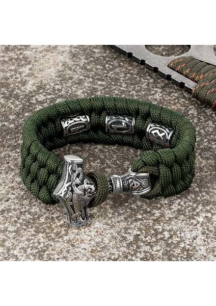 23CM Tarzı Çelik Yeşil Vikings Mjolnir Çekiç Survival Bilezikler Erkekler Paslanmaz Çelik Iskandinav Rune Boncuklu Paracord Halat Bileklik El Yapımı Muska Takı (Yurt Dışından)