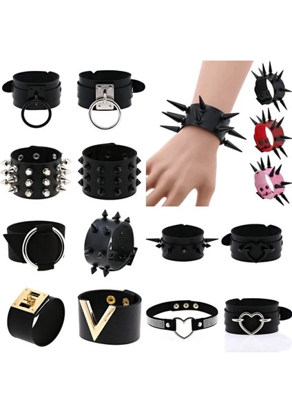 P130 Siyah Bileklik Emo Spike Bilezikler Kadın Erkek Goth Punk Vegan Pu Deri Çift Bilezikler Manşet Bilezikler Çivili Cadılar Bayramı Bileklik Takı (Yurt Dışından)